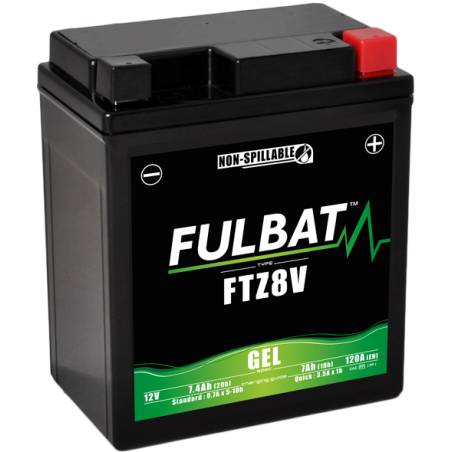 Fulbat battery  FTZ8V GEL  12Volt  Capacity:7Ah  CCA:120Amp  L:113 W:70 H:130   P/N:550918  Polarity: - / +