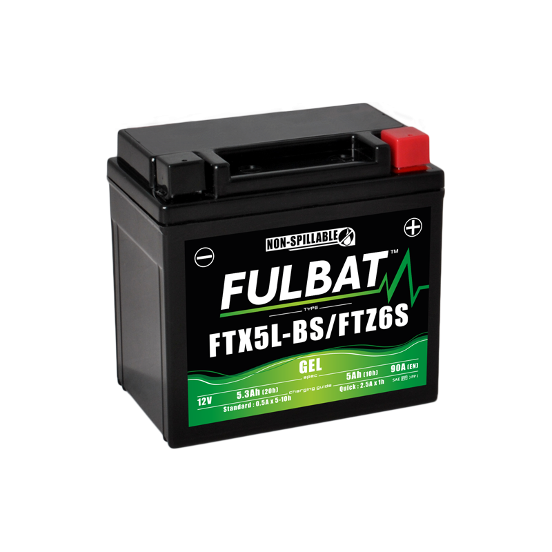 Fulbat battery  FTX5L-BS / FTZ6S GEL (High Capacity)  12Volt  Capacity:5Ah  CCA:90Amp  L:113 W:70 H:105   P/N:550919  Polarity: 