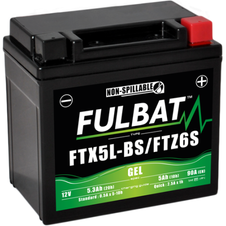 Fulbat battery  FTX5L-BS / FTZ6S GEL (High Capacity)  12Volt  Capacity:5Ah  CCA:90Amp  L:113 W:70 H:105   P/N:550919  Polarity: 