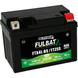 Fulbat battery  FTX4L-BS / FTZ5S GEL (High Capacity)  12Volt  Capacity:5Ah  CCA:70Amp  L:113 W:70 H:85   P/N:550671  Polarity: -