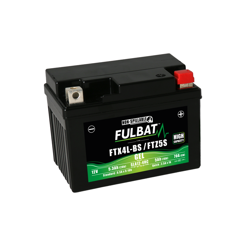Fulbat battery  FTX4L-BS / FTZ5S GEL (High Capacity)  12Volt  Capacity:5Ah  CCA:70Amp  L:113 W:70 H:85   P/N:550671  Polarity: -