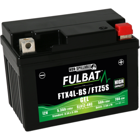 Fulbat battery  FTX4L-BS / FTZ5S GEL (High Capacity)  12Volt  Capacity:5Ah  CCA:70Amp  L:113 W:70 H:85   P/N:550671  Polarity: -