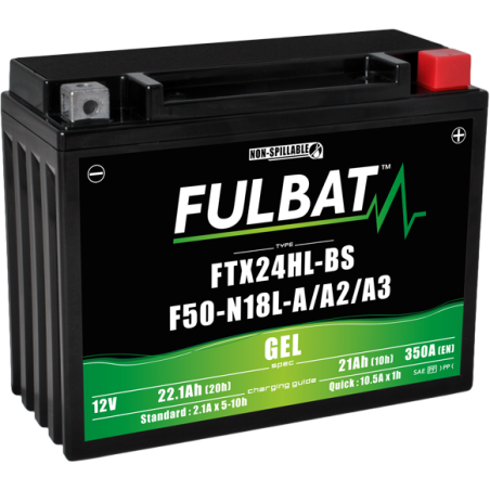 Fulbat battery  FTX24HL-BS / F50-N18L-A/A2/A3 GEL  12Volt  Capacity:21Ah  CCA:350Amp  L:205 W:87 H:162   P/N:550982  Polarity: -