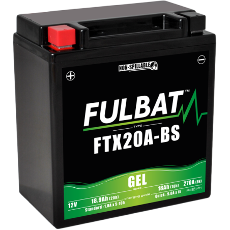 Fulbat battery  FTX20A-BS GEL  12Volt  Capacity:18Ah  CCA:270Amp  L:150 W:87 H:161   P/N:550994  Polarity: + / -