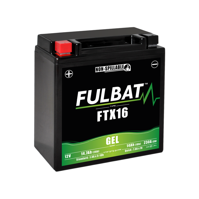 Fulbat battery FTX16 GEL 12Volt Capacity:14Ah CCA:230Amp L:150 W:87 H:161 P/N:550763 Polarity: + / - Fulbat battery FTX16 GEL 12Volt Capacity:14Ah CCA:230Amp L:150 W:87 H:161 P/N:550763 Polarity: + / -