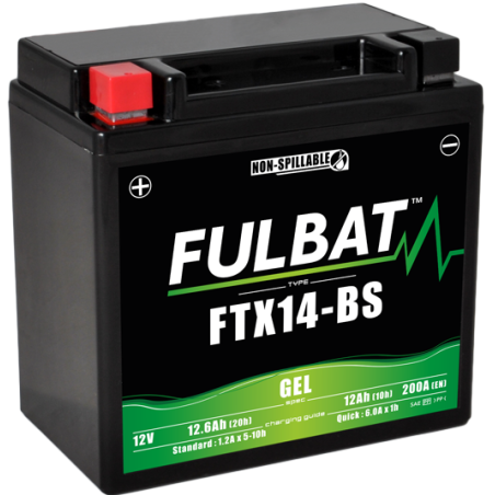 Fulbat battery  FTX14-BS GEL  12Volt  Capacity:12Ah  CCA:200Amp  L:150 W:87 H:145   P/N:550923  Polarity: +/-