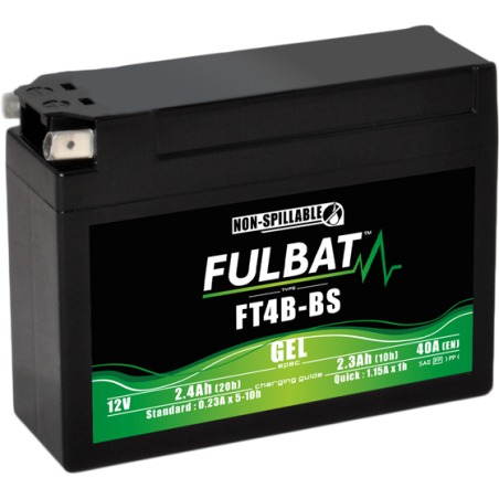 Fulbat battery  FT4B-BS GEL  12Volt  Capacity:2.3Ah  CCA:40Amp  L:113 W:38 H:85   P/N:550949  Polarity: 