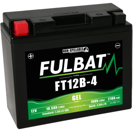 Fulbat battery  FT12B-4 GEL  12Volt  Capacity:10Ah  CCA:210Amp  L:150 W:69 H:130   P/N:550643  Polarity: + / -