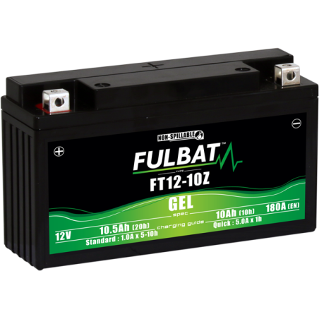 Fulbat battery  FT12-10Z GEL  12Volt  Capacity:10Ah  CCA:180Amp  L:194 W:59 H:112   P/N:550999  Polarity: + / -