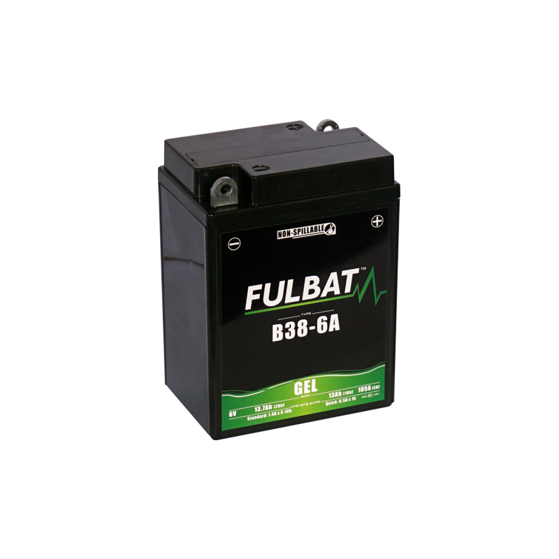 Fulbat battery  B38-6A GEL  6Volt  Capacity:13Ah  CCA:105Amp  L:119 W:83 H:161   P/N:550962  Polarity: - / +