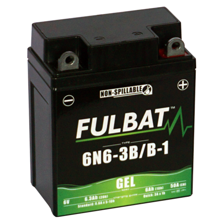 Fulbat battery  6N6-3B/B-1 GEL  6Volt  Capacity:6Ah  CCA:50Amp  L:95 W:55 H:117   P/N:550960  Polarity: - / +