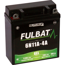 Fulbat battery  6N11A-4A GEL  6Volt  Capacity:11Ah  CCA:90Amp  L:121 W:58 H:130   P/N:550958  Polarity: + / -