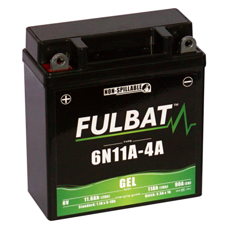 Fulbat battery  6N11A-4A GEL  6Volt  Capacity:11Ah  CCA:90Amp  L:121 W:58 H:130   P/N:550958  Polarity: + / -