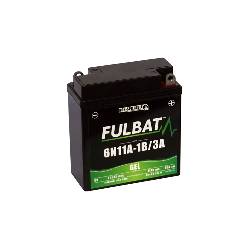 Fulbat battery 6N11A-1B/3A GEL 6Volt Capacity:11Ah CCA:90Amp L:121 W:58 H:130 P/N:550957 Polarity: - / + Fulbat battery 6N11A-1B/3A GEL 6Volt Capacity:11Ah CCA:90Amp L:121 W:58 H:130 P/N:550957 Polarity: - / +