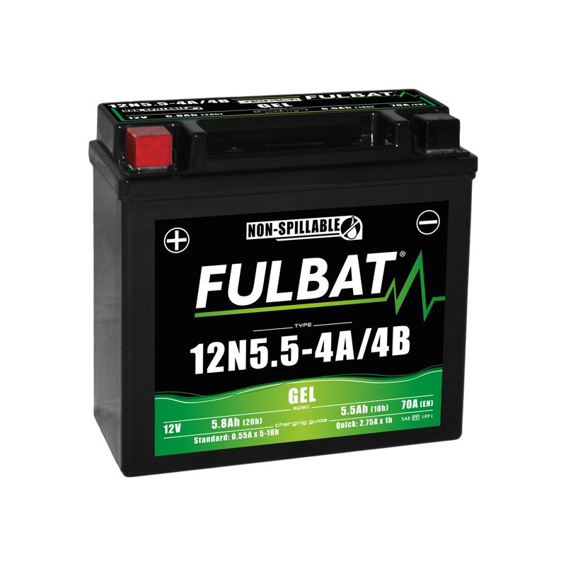Fulbat battery 12N5.5-4A/4B GEL 12Volt Capacity:5.5Ah CCA:70Amp L:135 W:60 H:130 P/N:550981 Polarity: + / - Fulbat battery 12N5.5-4A/4B GEL 12Volt Capacity:5.5Ah CCA:70Amp L:135 W:60 H:130 P/N:550981 Polarity: + / -