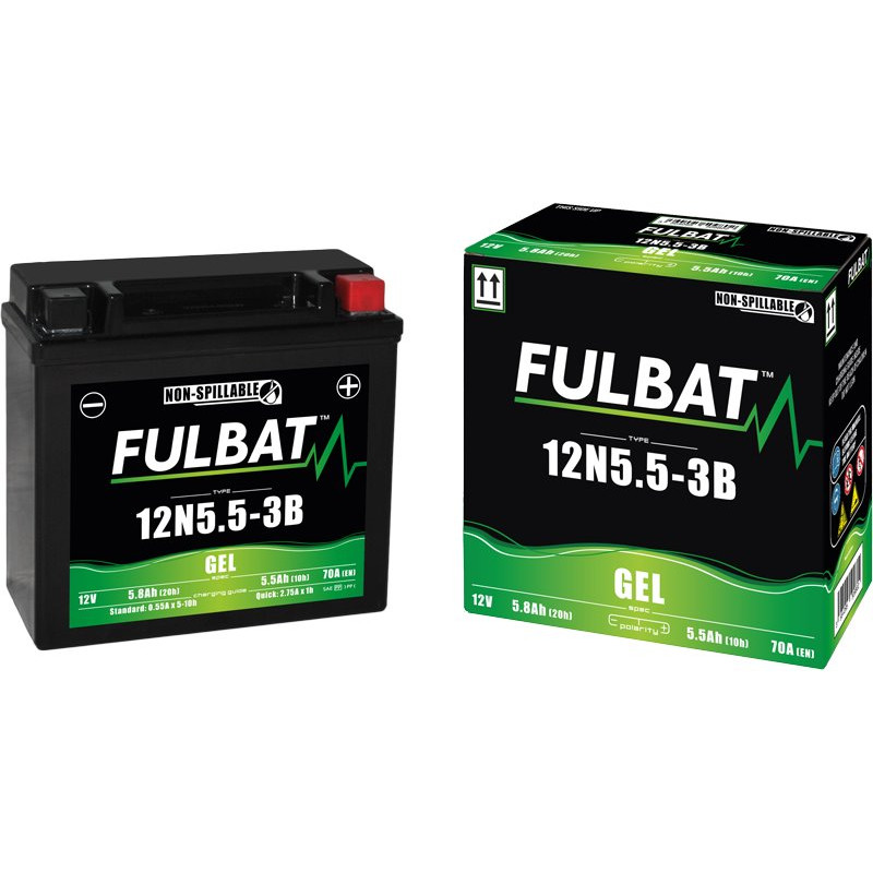 Fulbat battery  12N5.5-3B GEL  12Volt  Capacity:5.5Ah  CCA:70Amp  L:135 W:60 H:130   P/N:550980  Polarity: - / +
