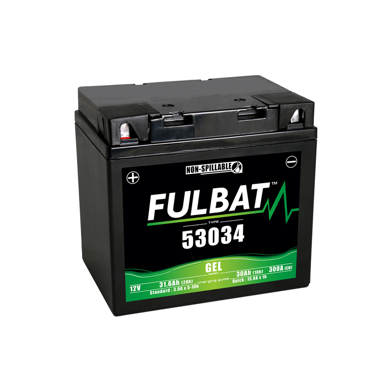 Fulbat battery 53034 GEL 12Volt Capacity:30Ah CCA:300Amp L:184 W:124 H:170 P/N:550843 Polarity: + / - Fulbat battery 53034 GEL 12Volt Capacity:30Ah CCA:300Amp L:184 W:124 H:170 P/N:550843 Polarity: + / -